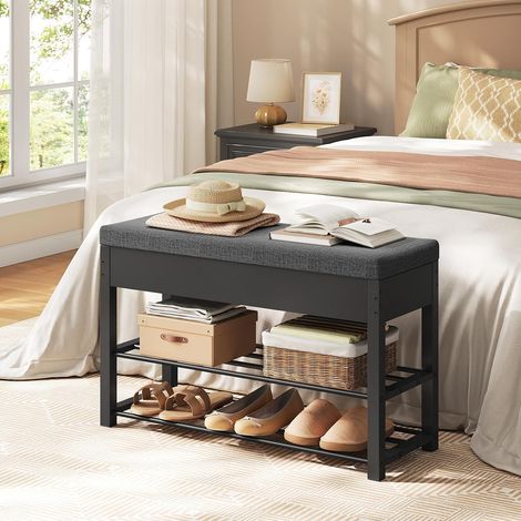 WOLTU Panca Scarpiera Ingresso Scarpiera Salvaspazio Slim con 2 Ripiani e 2 Ganci Cassapanca Panca Contenitore Nero+Grigio Scuro (1/5)