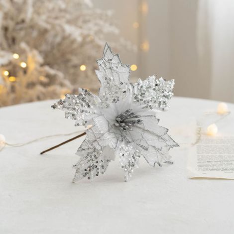 Fleur Artificielle - 20 cm - Tissu Flanelle Pailletée - Décoration Arbre De Noël - 1 Pièce (1/4)