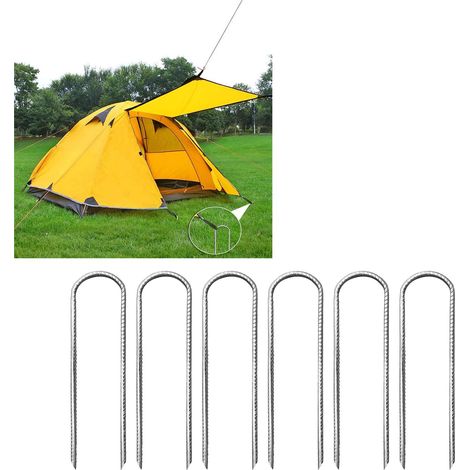 Lot de 6 piquets d'ancrage en acier (forme en U) pour trampolines, tentes, abris de camping et balançoires, 30 cm (12 pouces), argentés. (1/5)