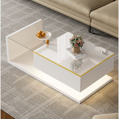 Tavolino da caffè 100x50x32.5 cm bianco in truciolare con vetro temperato, LED dimmerabile e vani portaoggetti (1/5)