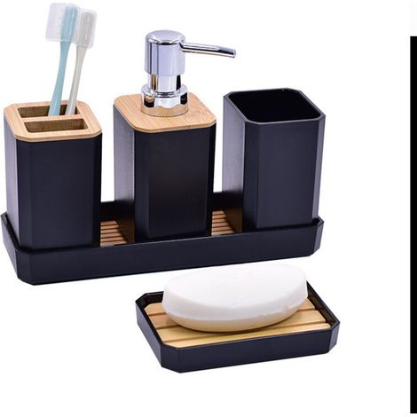 Ensemble 5 Pièces Accessoires Salle de Bain en Bambou Écologique – Porte-Brosse, Gobelet, Porte-Savon, Flacons Lotions, Plateau Noir (1/4)