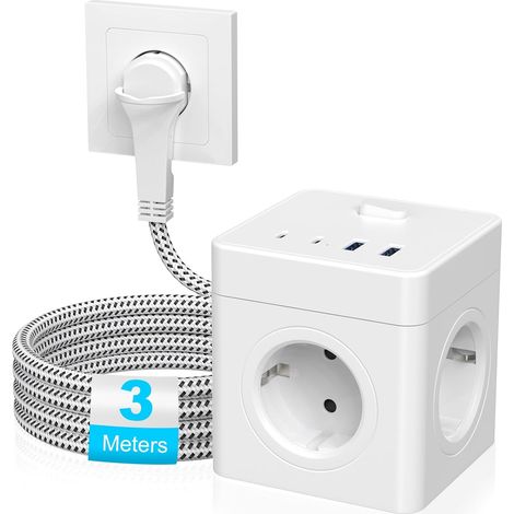 Cube multiprise, multiprise avec 4 USB et 2 ports USB C, interrupteur, prises Power Strip, fiche plate, câble de 3 m, blanc (1/5)