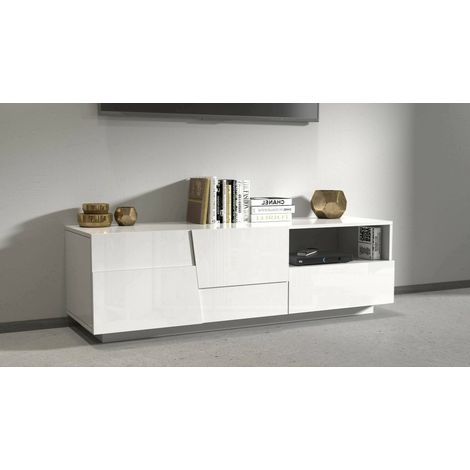 Dmora - Mueble TV Velio, Aparador bajo de salón con 2 puertas y 1 cajón, base para mueble TV, 150x44h46 cm, Blanco brillo, con embalaje reforzado (1/5)