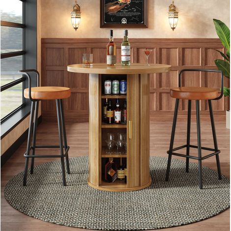 Tavolo bar rotondo in MDF e metallo, 60 x 60 x 91,6 cm, effetto legno, con spazio contenitivo (1/5)
