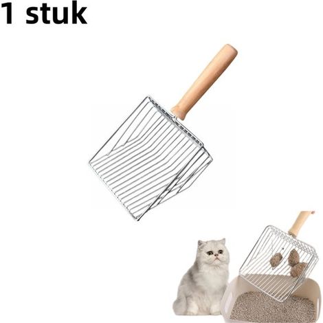 pièce - Pelle à litière - Grande - Manche en bois - Acier inoxydable - Maille fine pour tous types de litière - Hygiénique et sûre - 14,55,528 cm - Argent (1/5)