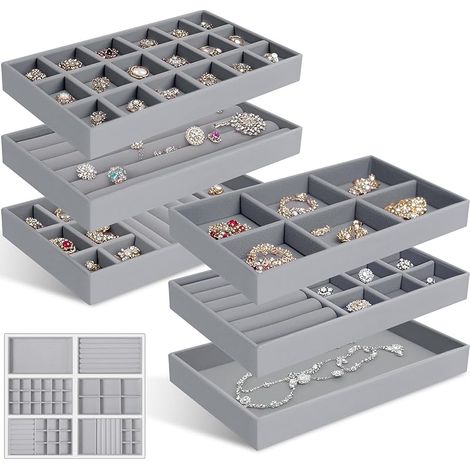 6 Pièces Plateaux Bijoux Velours, Organisateur Bijoux Empilable, Jewelry Organizer, Organiseur Rangement Tiroir pour Ranger et Présenter Colliers, Bagues, Boucles Oreilles, Bracelet (Gris) (1/5)
