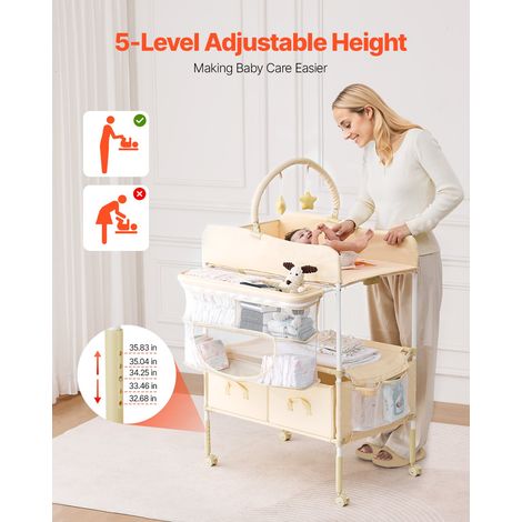 Table à Langer Pliable, Plan à Langer 2 Tiroirs en Tissu, Panier Latéral et Tringle de Suspension, Meuble pour Bébé Réglable en Hauteur, avec Roulettes Verrouillables et 2 Jouets Étoiles, Beige (1/5)