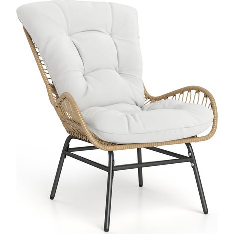 Poltrona da giardino in rattan, sedia da pranzo da esterno in rattan con morbido cuscino e struttura in metallo, portata 180 kg