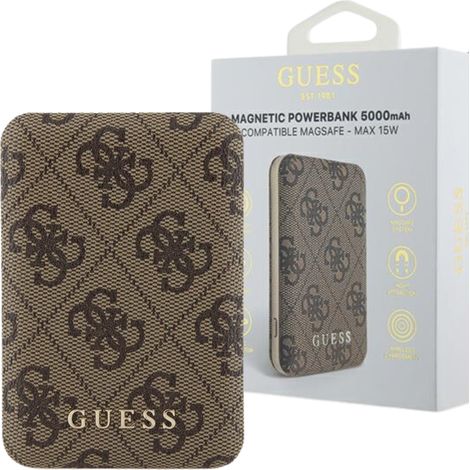 Batería externa inductiva Guess 15WGUPB5FP4EMGW 5000mAh Marrón/Marrón 4G Cuero Logotipo metálico MagSafe (1/5)