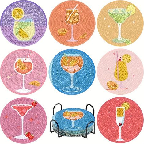 Lot de 8 sous-verres, bois prédécoupé, diamètre 10 cm, motifs multicolores, kit artisanat, décoration table (1/5)