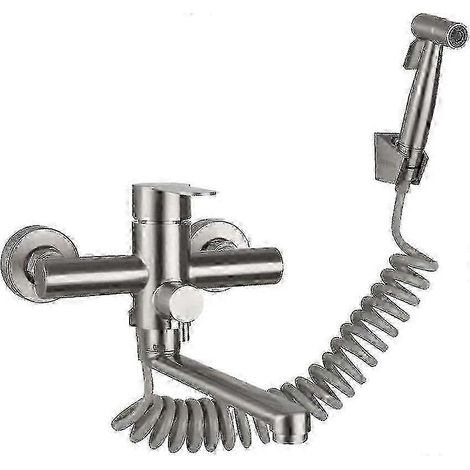 Robinet de cuisine mural monocommande en acier inoxydable avec douchette et pistolet de pulvérisation, eau chaude/froide, pour évier de cuisine et bac à lessive 2025 (1/5)