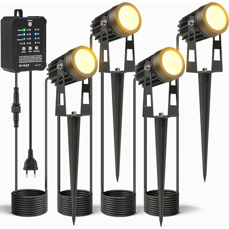 Ensemble de 4 projecteurs extérieurs avec transformateur, capteur photo dimmable, projecteur de jardin LED extérieur, étanche 2700K, éclairage électrique pour jardin, arbre, pelouse, plantes [classe é
