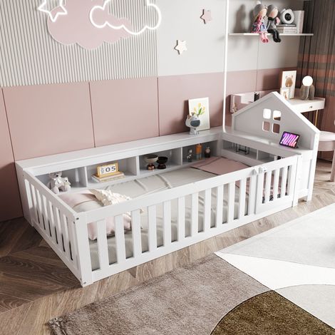 Lit enfant 90 x 200 cm - Avec sommier et barrières - scandinave - Bois Certifié PEFC - Compartiments de rangement intégrés à côté du lit - Avec barres de toit et fenêtres - Blanc (1/5)