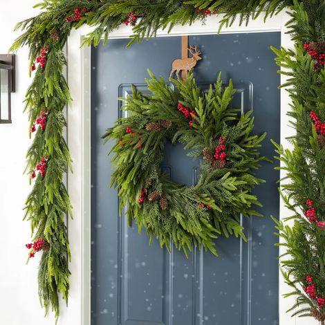 Guirlande De Porte De Noël - Couronne De Pin Artificiel 40 Cm Avec Nœud En Velours Rouge - Pour Décoration Intérieure Et Extérieure - Lot De 2 Pièces (1/5)