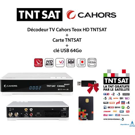 Pack Décodeur TV Cahors Teox HD TNTSAT + Carte TNTSAT + clé USB 64Go