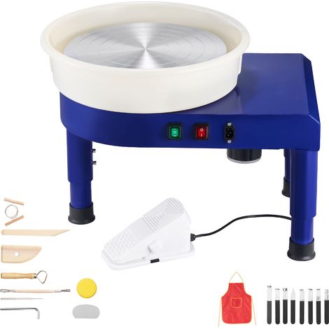 Tour de potier 35 cm, vitesse réglable 60-300 tr/min, pédale au pied, pied réglable, bassin amovible, kit d'accessoires complet pour céramique et DIY, bleu.