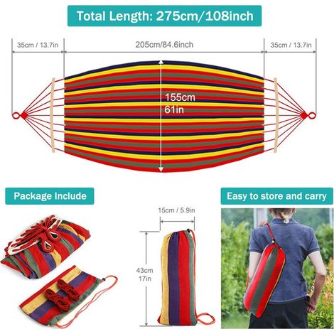 Hamac de Jardin Extérieur 2 Personnes avec Barre de Bois Toile Suspendue Transat pour Camping Terrasse Plage Charge 250kg