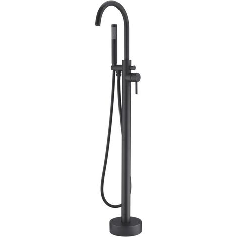 Robinet Baignoire Autoportant Noir, Mitigeur Sol Poignée Unique Avec Douchette À Main, Design Moderne Salle De Bain (1/4)