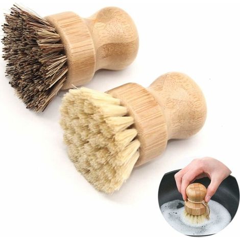 Brosse Vaisselle en Bambou Brosse Vaisselle en Bois Brosse à Pot de Poils Brosse Champignon Brosse Legumes Brosse à Poêle Brosse à évier Brosse à Récurer Ronde Brosses de Nettoyage pour Cuisine 2pcs (1/4)