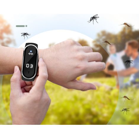 Bracelet anti-moustiques pour sports de plein air, bracelet anti-moustiques pour femmes enceintes et enfants, bracelet anti-moustiques bionique à ultrasons avec fonction horloge, chargement USB, noir. (1/5)