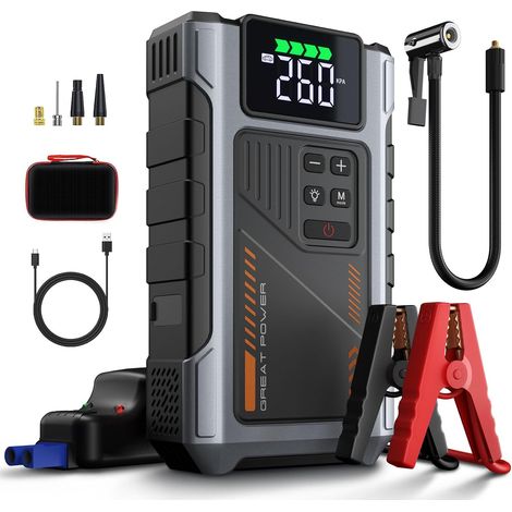 Booster Batterie Voiture avec Gonfleur Puissant 6000A Fonction de Gonflage des Pneus 150PSI Essence 10L Diesel 8.5L Température de décharge -20 ℃ à 70 ℃ (PD-JA2) (1/5)