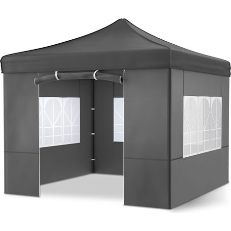 Pavillon 3x3m Tonnelle de jardin pliable Gris avec fenêtres Sac de rangement inclus (1/5)