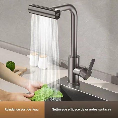 Robinet de cuisine, finition or brossé, avec douchette extractible, orientable, offrant un jet cascade et un jet classique, adapté aux cuisines (gris). (1/5)