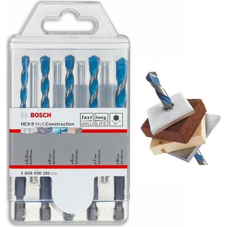 Bosch 5 Piece HEX-9 Multi Purpose Construction Drill Bit Set - Masonry Tile Wood (1/4)