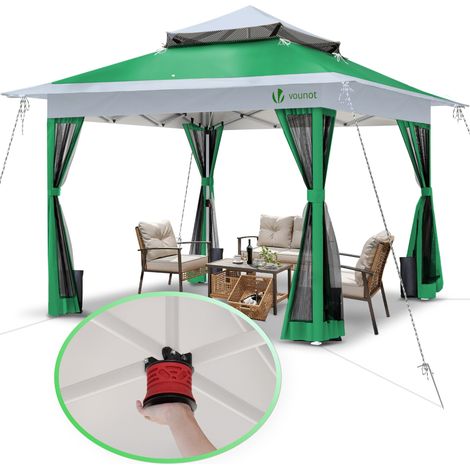 Vounot – Tonnelle de jardin 3,6x3,6m pop up pliable – Toit double couche pour ventilation – Cadre acier robuste – Moustiquaire intégrée – Vert