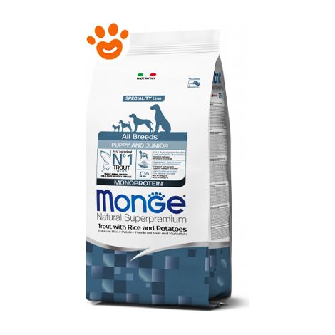 Monge Dog Natural Superpremium All Breeds Puppy &amp Junior Trota, Riso e Patate  - Monge Dog Natural Superpremium All Breeds Puppy &amp Junior Trota, Riso e Patate - Sacco Da 12 Kg