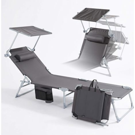 AREBOS Klappbare Sonnenliege mit Sonnendach 4-fach verstellbar 120 kg Gartenliege Campingliege Anthrazit (1/5)