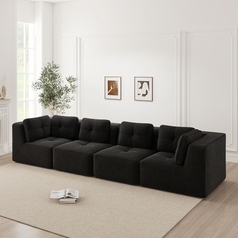 Canapé de salon modulaire sans armature, canapé 4 places confortable à assise profonde en velours côtelé avec coussins moelleux, aucun montage requis, design antidérapant, noir (1/5)