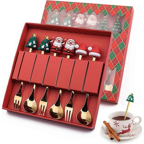 Cuillères de Noël, 6 pièces en porcelaine, 3 cuillères et 4 fourchettes festives, couverts à dessert avec pendentifs de Noël et cadeau (1/5)