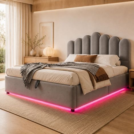 Letto contenitore 140 x 200 cm con illuminazione LED, testiera imbottita, velluto grigio HAVRYA (1/5)