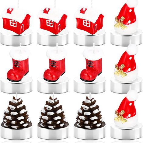 Sollbry 12 Pièces Bougies Chauffe-Plat de Noël, Bougies de Noël Faites à la Main, Bougies Noël Délicates, Bougie en Forme de Pomme de Pin Chapeau de Noël, Bougies de Décoration de Noël de Maison (1/5)