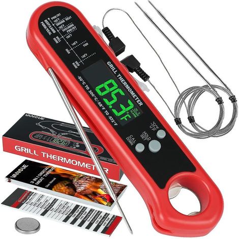 Thermomètre à viande numérique 3 en 1, thermomètre alimentaire à lecture instantanée avec 2 sondes filaires détachables, fonction d'étalonnage et d'alarme, écran LCD rétroéclairé pour la cuisson au ba (1/5)