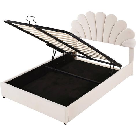 Lit coffre capitonné 140 x 200 cm en velours beige avec tête de lit fleurie et sommier à lattes (1/5)
