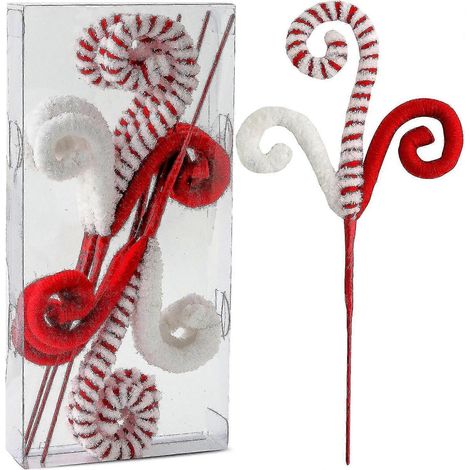 Juego de 6 adornos rojos/blancos para árbol de Navidad, palillos de lana rizados para árbol de Navidad, adornos navideños (1/5)