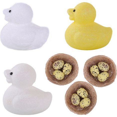 Ensemble 3 Poussins Poudrés + Petit Canard Jaune + Canard Flou Décoration Pâques Oeufs Simulés Nids Branches Séches (1/2)