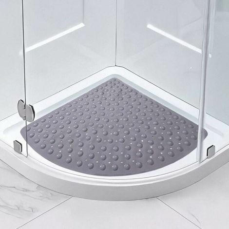Alfombrilla antideslizante para baño y ducha, gris, 80 cm x 80 cm, forma triangular, segura para adultos y niños, lavable a máquina. (1/4)