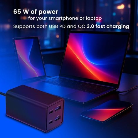 Cargador rÃ¡pido USB PowerDelivery GaN de 4 puertos y 65 W, negro