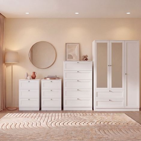 Altino 4 Piece Bedroom Set with 3 Drawer Bedside, Set of 2, 5 Drawer Chest, 3 Door 2 Drawer Wardrobe, White