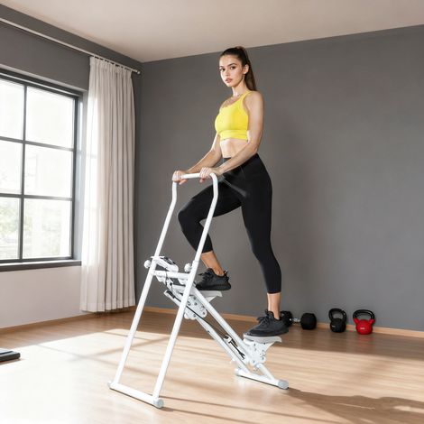 Appareil de musculation vertical pliable avec poignée réglable. Pédales antidérapantes et écran LCD. Blanc. (1/5)