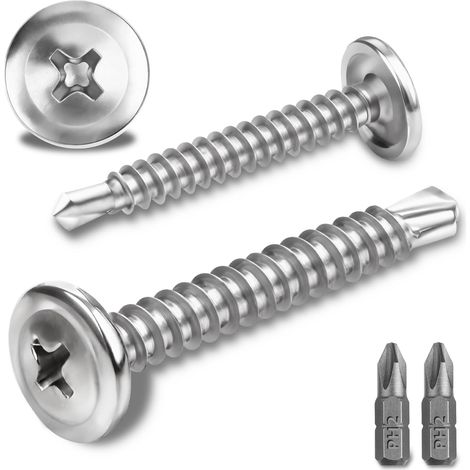 120 Pcs Vis Autoforeuse Metal 410 Vis Autoforeuse Inox 4.2x32MM Autoperforante Phillips à Tête Fraisée pour Acier Autoperceuse à Tête Ronde Autoperceuse avec 2 Forets (Argent) (1/5)