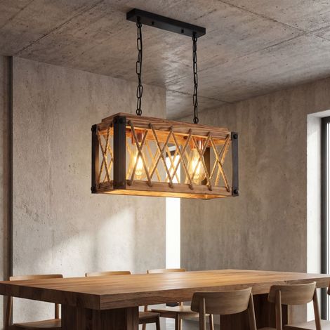 Hängelampe Metall Holz E27 H: max. 105 cm in Schwarz geflammtes Kupfer 2-flammig länglich Rustikal
