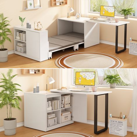 Bureau Lit 2-en-1, Lit Escamotable avec Matelas 4cm, Roulettes, Rangement, Blanc – Meuble Gain de Place