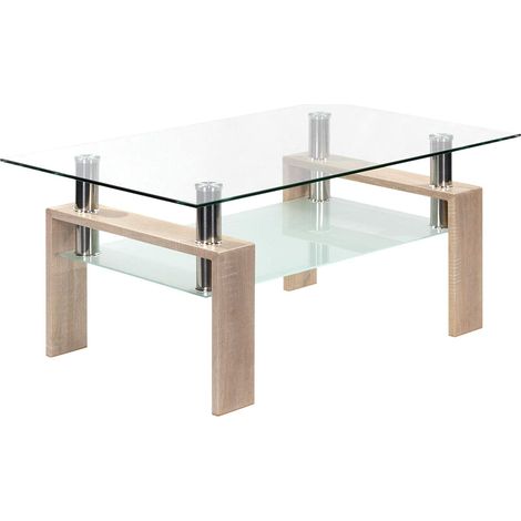 MOG CASA Mesa de Centro Café Porter Auxiliar de Salón Sonoma Oak con 2 Estantes de Vidrio Templado con Repisa Marco de Acero Inoxidable y Patas de Metal Estilo Moderno 43,8 x 100 x 59,5cm (1/5)