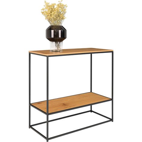 Consolle Vita a 2 ripiani effetto rovere con struttura in acciaio nero, 80×36×80 cm