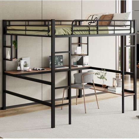 Bett Hochbett 140x200 cm Metall schwarz mit Schreibtisch, 4 Regalen, Bücherregal und Lattenrost (1/5)