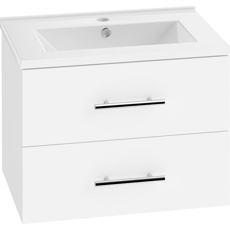 Meuble sous lavabo - HOMCOM - avec vasque en céramique, 2 tiroirs compartiments, suspendu, moderne - bois - 61 x 40 x 48 cm - blanc (1/5)